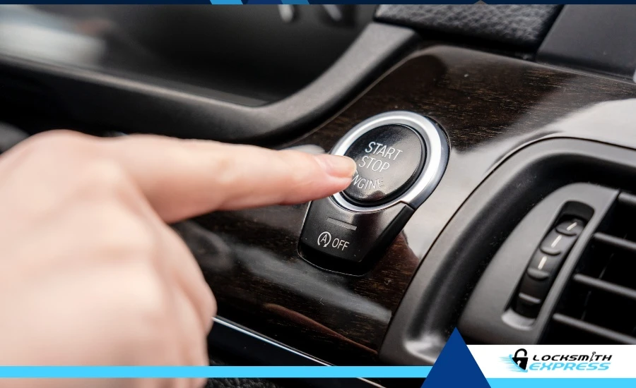 A modern car dashboard showing a keyless ignition system.