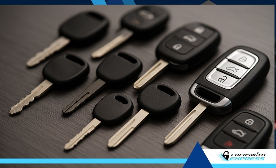 Assorted car keys including traditional transponder smart fob and laser-cut keys on a table