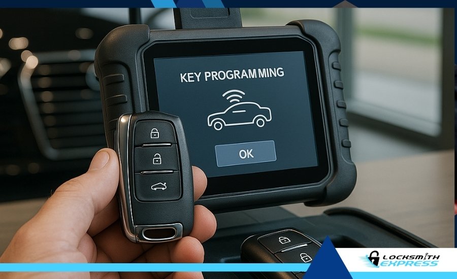 Smart car key being duplicated with advanced programming tools in a locksmith shop