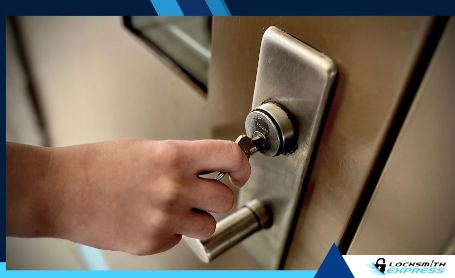 Close-up of a high-security commercial lock on a door