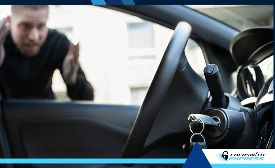 Close-up of car keys visible inside a locked car through the window