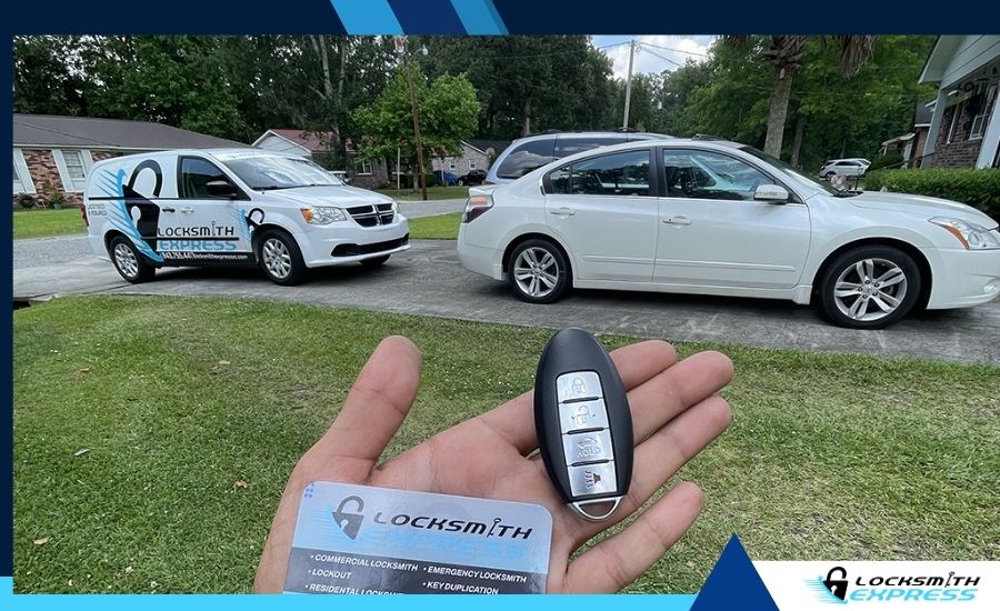 Locksmith cutting and coding a replacement key next to customer’s vehicle