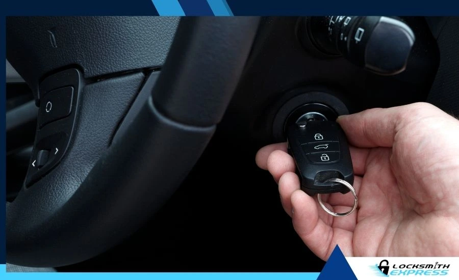 driver inserting car key into ignition to start vehicle