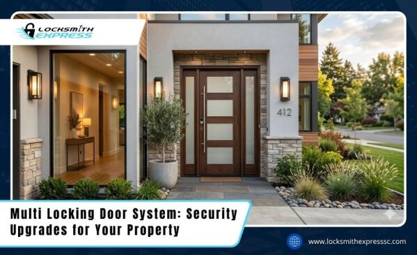 A modern, high-security front door illustrating a multi locking door system for enhanced property protection.