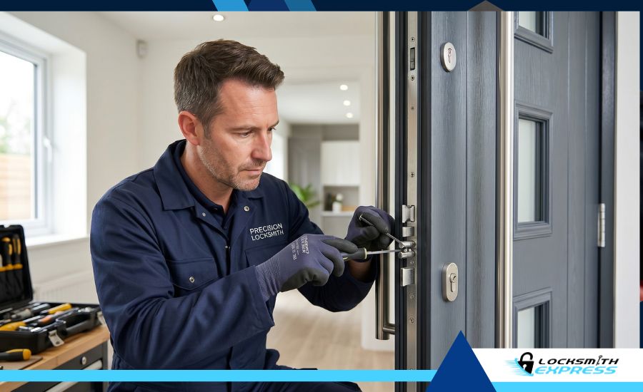 A professional locksmith carefully installing a high-security multi locking door system.