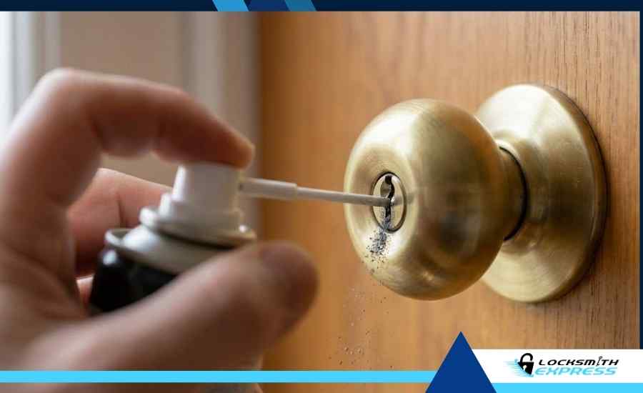 A hand applying dry graphite powder lubricant into a door lock keyhole.
