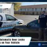 A Locksmith Express technician unlocking a black car next to a branded service van, with text about fixing automatic door locks.