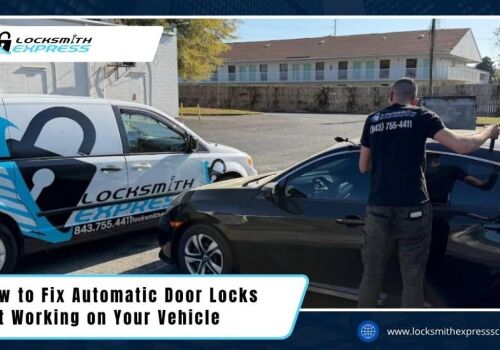 automatic door locks not working - Locksmith Express A Locksmith Express technician unlocking a black car next to a branded service van, with text about fixing automatic door locks.
