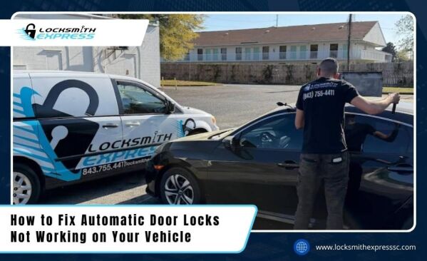 A Locksmith Express technician unlocking a black car next to a branded service van, with text about fixing automatic door locks.