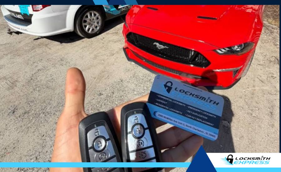 A hand holding two Ford car key fobs and a Locksmith Express business card in front of a red Ford Mustang.