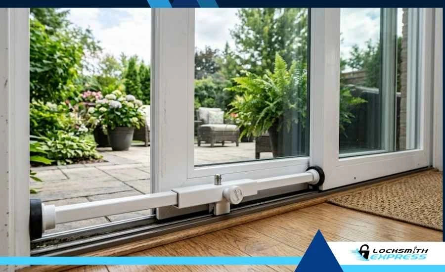 White adjustable security bar installed on a sliding door bottom track